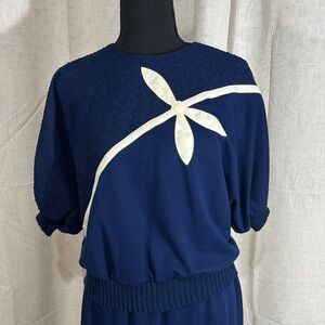 Vintage 70s/80s Leslie Fay Dark Blue Top and Skirt Set